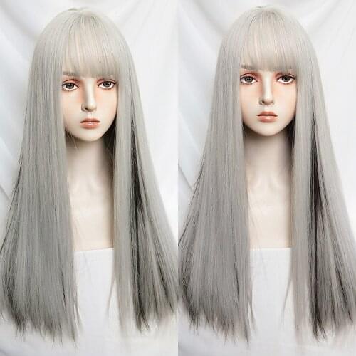 Gray Mixed Black Kawaii Lolita Wig Harajuku Long Straight Hair Bangs Adult Chic Girls Women Cosplay Daily Wear