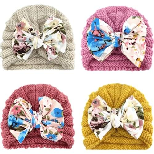 Autumn Winter Baby Hat Flower Print Bows Kids Girl Bonnet Hat Crochet Knitted Infant Toddler Beanie Cap Turban Baby Accessories