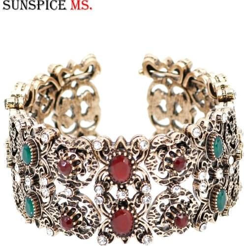 Sunspicems Retro Vintage Elastic Cuff Bracelet Turkish Women Flower Bangle Antique Gold Color Ethnic Wedding Bridal Jewlery