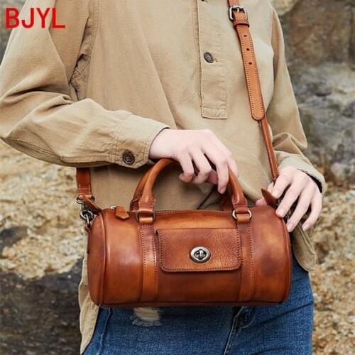 2020 genuine leather handbag women shoulder messenger bag female cylindrical bucket bag retro casual ladies lock cylinder bags