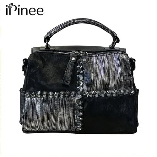 IPinee Female Natural Horse Hair Handbag With Rhinestone 2020 Women Fashion PU Leather Messenger Bag with Wide Strap Handbag