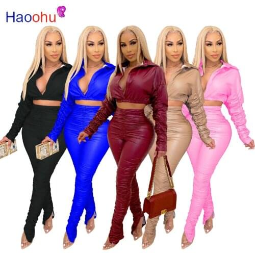 HAOOHU Faux Leather Two 2 Piece Set for Women Streetwear PU Crop Tops Stacked High Waist Pants Matching Set Tracksuit Outfit