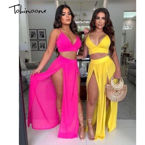 Tobinoone Crop Top And Split Skirt Sexy Set Women Spaghetti Strap Backless V Neck Party Two Piece Set Summer Solid 2 Piece Set