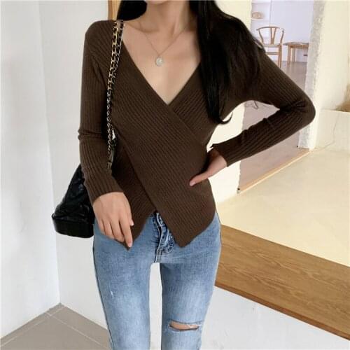 Korean Style Autumn Winter Knitted Sweater Women Long Sleeve Top Sexy Casual Streetwear Cross V Neck pullover Solid Female Shirt