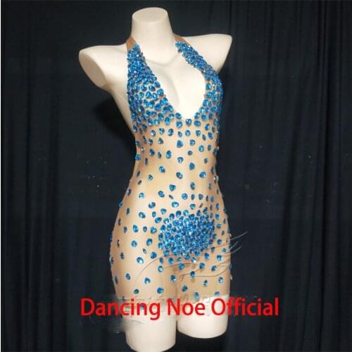 Female Singer Blue Rhinestone Dress Sexy Transparent Elastic Mesh Short Dress Performance Stage Wear Drag Queen Costumes DN9803