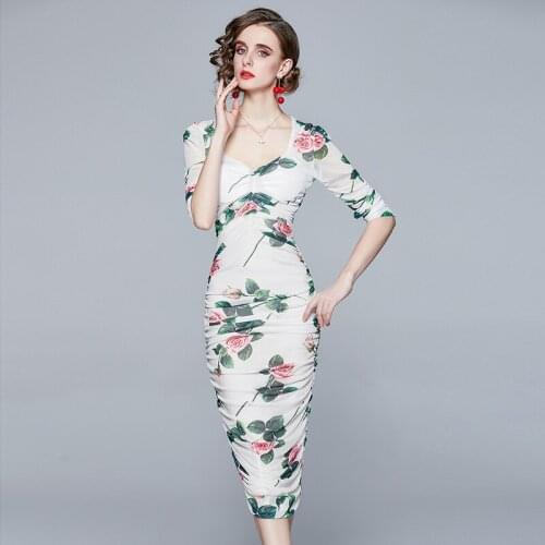 Spring Fashion Women Floral Print Mesh Sheath Dress High Quality Half Sleeve Square Collar Ruched Slim Bodycon Dress K6147