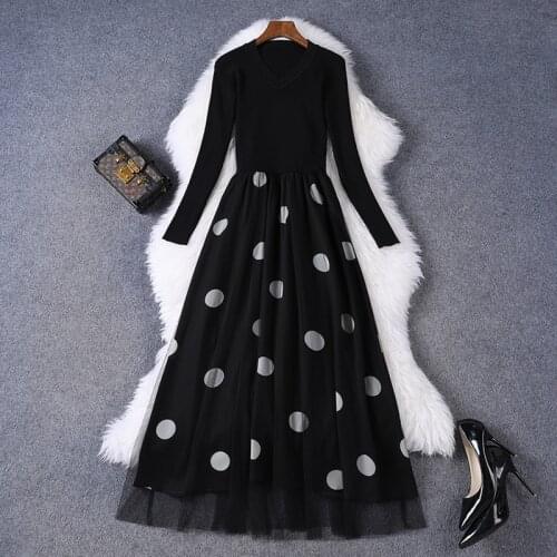 Women knitted patchwork mesh party dress spring summer 2021 high quality fashion short sleeve black fit and flare dresses