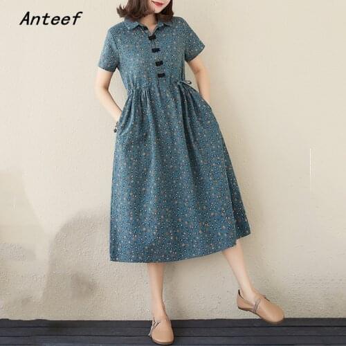 Short sleeve plus size cotton linen vintage floral dresses for women casual loose long woman summer dress elegant clothes 2021
