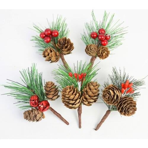 5pcs Christmas Artificial Flower Red Stamen Berries And Pine Cone With Holly Branches DIY Wreath Garland Wedding Christmas Decor