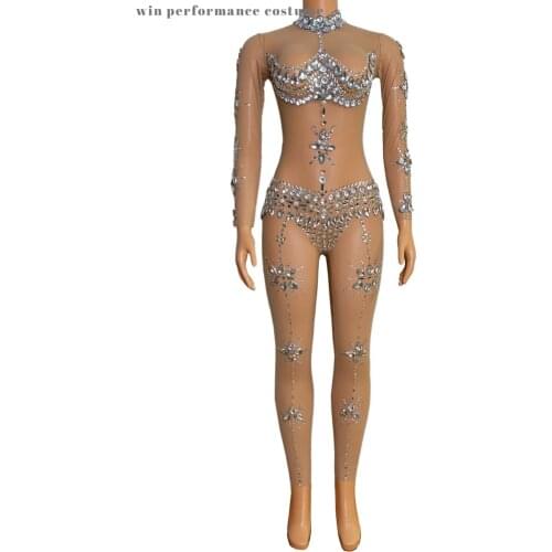 Glisten Crystals Stones Jumpsuit Sexy NakeEvening Party Wear Bright Rhinestones Bodysuit Costume Prom Birthday Celebrate Outfit