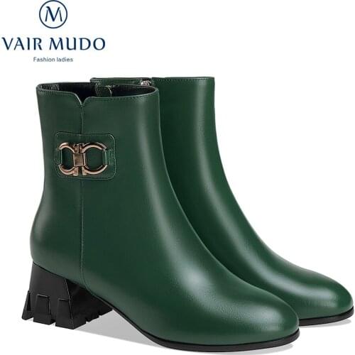 VAIR MUDO Ankle Boots Shoes High Heels Round Toe Black Green Genuine Leather Elegant Black Green Concise Shoes Women DX90L