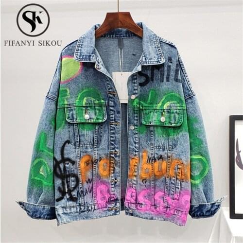 Hip hop Denim Jacket Women Fashion Graffiti Painted Letter Jeans Jacket Female Loose Pocket Washed Jeans Coat Harajuku Jackets