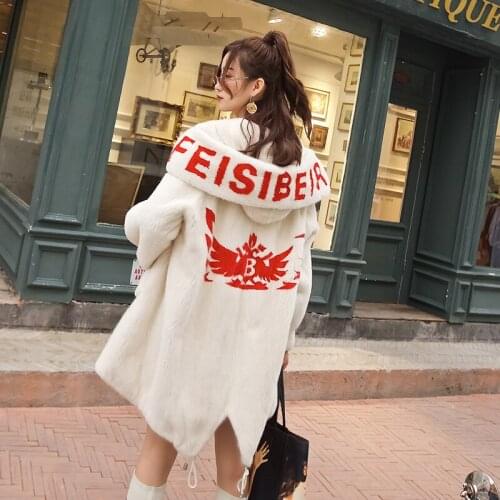 Import velvet letters printing loose mink fur the mink coat female long boom in young fashion