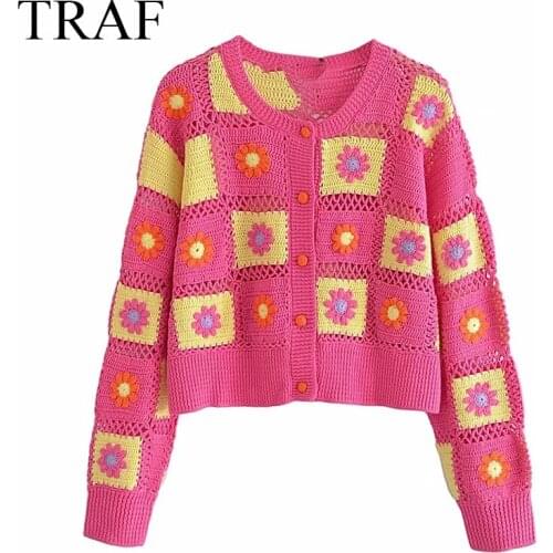 TRAF ZA Cardigan Autumn Fashion Slim Hollow Knitted Crochet Sweater Woman Clothes Long Sleeve Single Breasted Sweet Outerwear