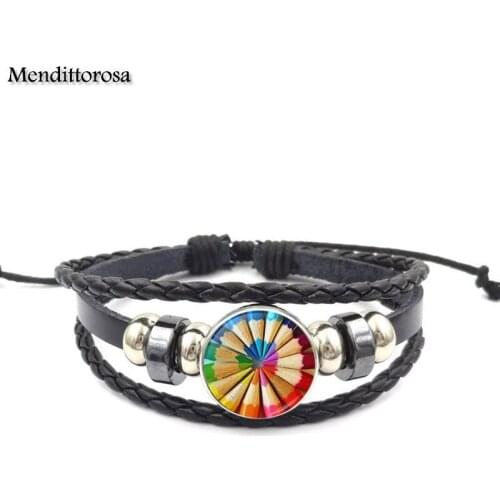 Mendittorosa Glass Cabochon Anime Jewelry With Black Leather Bracelet Bangle Pencil