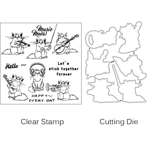 Cute Music Cats Metal Cutting Dies and Clear stamps for DIY Scrapbooking Photo Album Decoretive Embossing Stencial