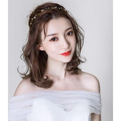 Simple Elegant Bridal Headdress Alloy Crystal Beads Chain Headband with Ribbon for Wedding Perform Studio Prop Daily Life O636