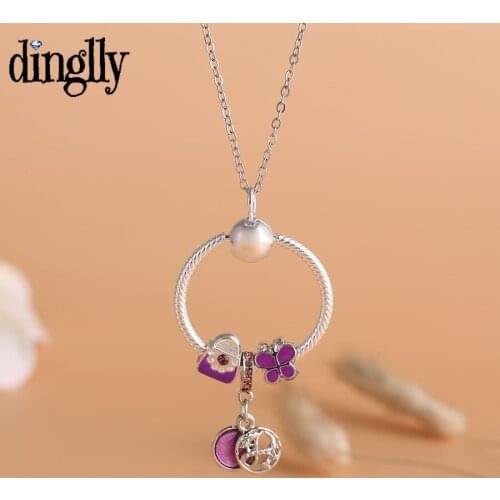 Dinglly Purple Starry Sky Pendant Necklace For Women Gift Butterfly Tote Beads Charm Necklace Girls Birthday Party Jewelry