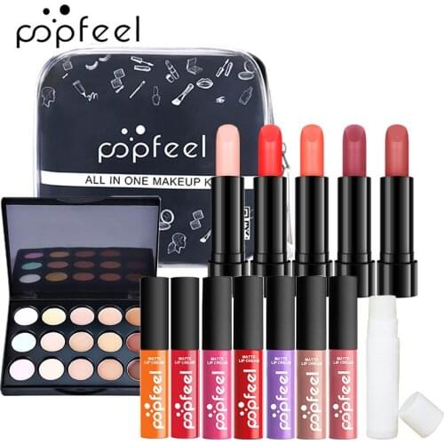 POPFEEL 14Pcs Lipstick Make Up Set ALL IN ONE Full Starter Lip Gloss Lip Balm Concealer Makeup Bag Cosmetic Gift Kit Maquiagem