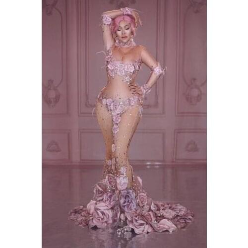 Pink flower dress singer party girl Dj rose print rhinestone transparent long fishtail skirt stage costume