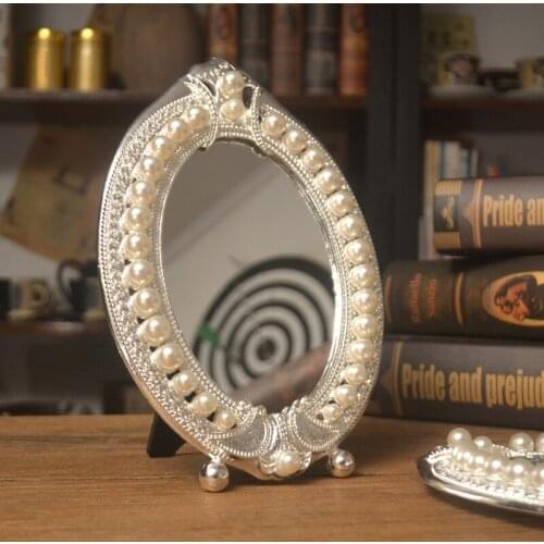 Silver Pearls Jeweled Metal Tabletop Mirror European Gold Antique Brass Copper Oval Footed Single Sided Alloy Standing Mirrors