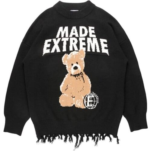 Mens Hip Hop Streetwear Harajuku Sweater Vintage Tassel Hem Japanese Bear Women Knitted Sweater 20201 Autumn Cotton Pullover