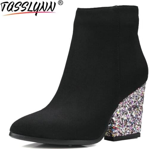 TASSLYNN 2020 Fashion Boots Women Boots Ankle Boots Square High Heels Women Shoes Zipper Sequins Heel Chunky Shoes Size 34-43