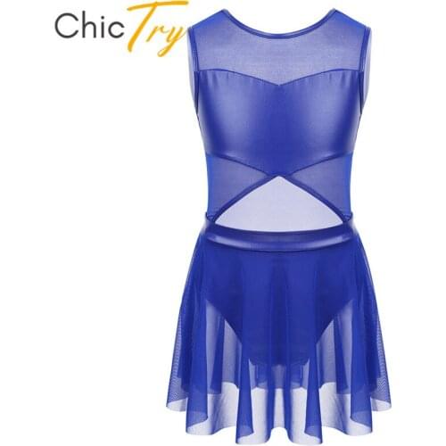ChicTry Kids Teens Faux Leather Tulle Mesh Splice Ballet Costume Gymnastics Leotard Girls Figure Skating Dress Stage Dance Wear