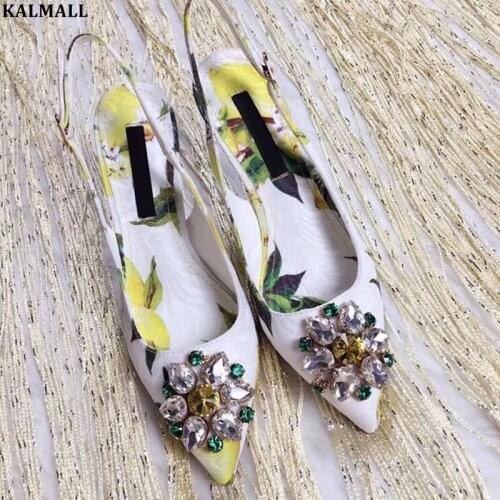 KALMALL Spring Summer Flower Print Shoes Crystal Studs Slingbacks Pointed Toe Floral Pumps Floral Diamonds Sandals