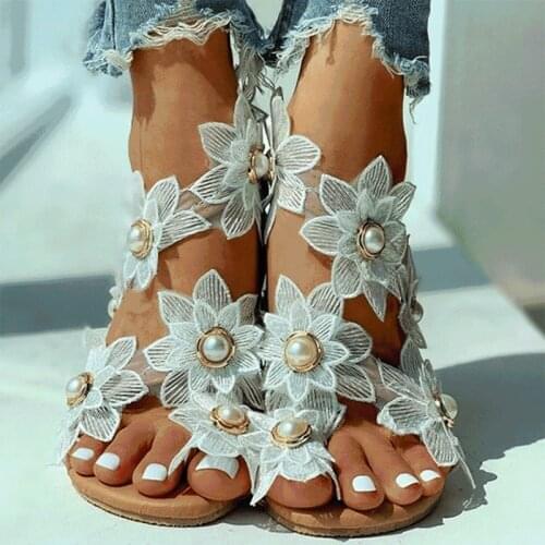 Akexiya 2021 New Summer Ladies Shoes Women Sandals White Floral Flat Sandals Women Bohemian Casual Beach Shoes For Woman Shoes