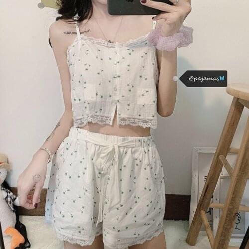 Qweek Womens Pajamas Suits with Shorts Sling Lace Pyjamas Set Korean Cute Pijamas Summer Night Homesuit Home Clothes Sleepwear