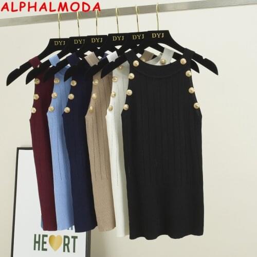 ALPHALMODA 2020 Knitted Sweater Sleeveless Knitted Vest Button Detail Sling Womens Summer Fashion Classical Knitting Tank Top