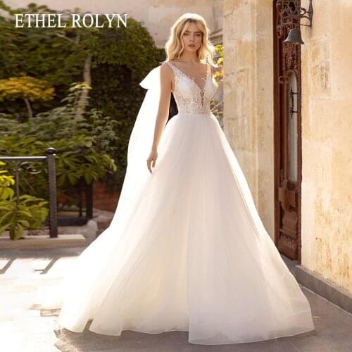 ETHEL ROLYN A-Line Wedding Dress 2021 Charming V-Neck Beaded Lace Appliques Bride Backless Bow Spaghetti Straps Bridal Gown