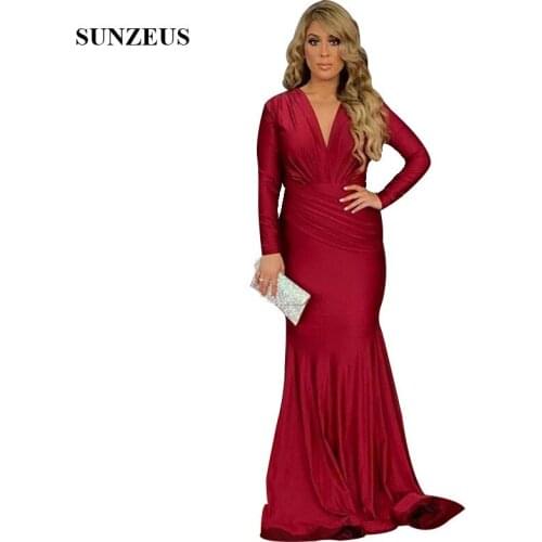 Mermaid V-neck Long Sleeves Evening Dresses Wine Red Jersey Long Red Carpet Dress Simple Elegant Women Formal Party Gowns