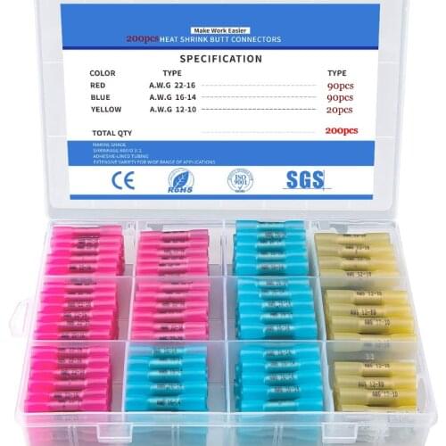 100/200Pcs Waterproof Heat Shrink Butt Connectors Box Electrical Wire Splice Cable Crimp Terminals Connectors Ternimals Kit