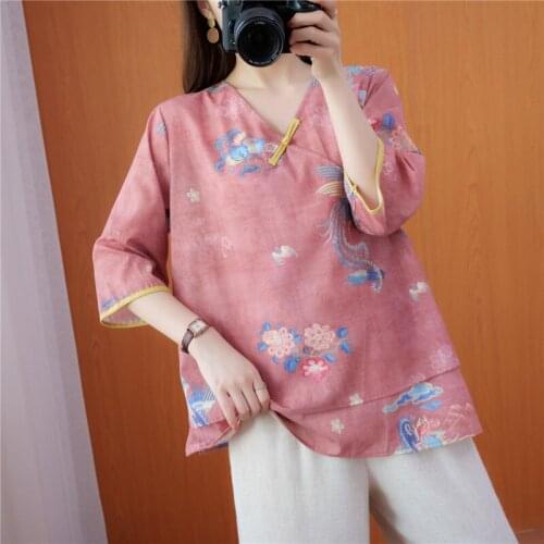 2021 chinese traditional top v neck floral printing design cotton and linen qipao collar loose hanfu top elegant tang suit