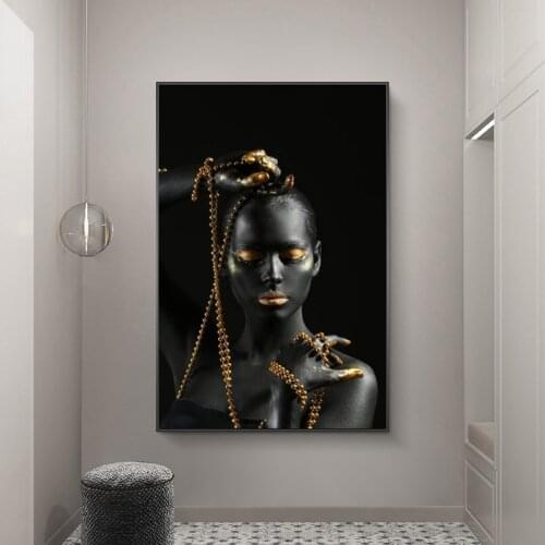 Black Woman Holding Golden Jewelry Canvas Paintings On The Wall Art Posters And Prints African Girl Body Art Pictures Wall Decor