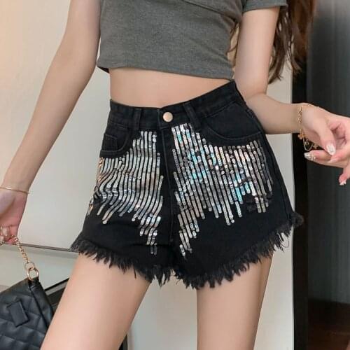 Girls Sequins Denim shorts Summer Hot jeans Burrs Cowboy shorts Women