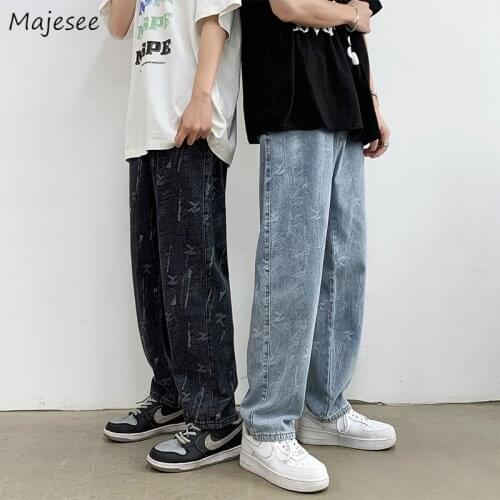Jeans Men Design Print Mid Waist Oversize Baggy Jean Streetwear Zipper Fly Straight Denim Trousers Hip Hop Retro Ulzzang Teens