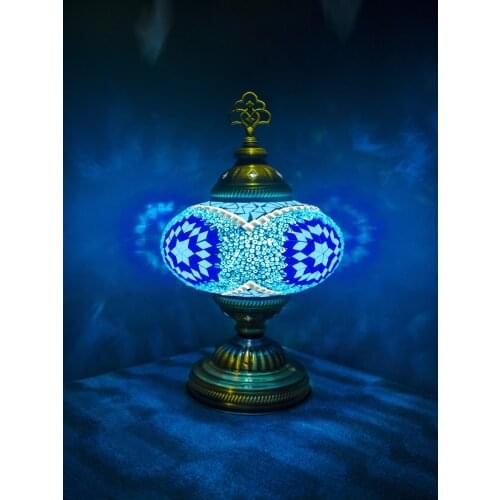 Handmade Turkish Moroccan Mosaic Authentic Vintage Art Deco Table Bedside Lamp, Blue Colors, 6 Patterns
