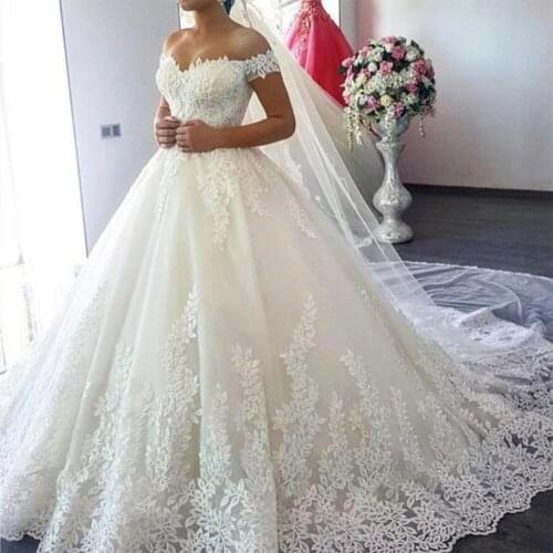 Fansmile 2019 White Off the Shoulder Vestido De Noiva Wedding Dress Train Custom-made Plus Size Bridal Tulle Mariage FSM