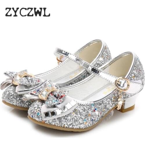 Classic Bow Girl PU Leather Shoes For Girls Party Dance Children Kids Shoes 3-14 Years Princess High Heels Child Wedding Shoes