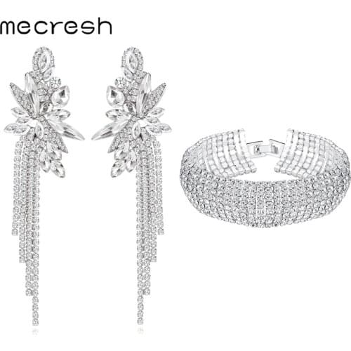 Mecres Crystal Flower Shape Wedding Tassel Earrings Bracelet Sets Luxury Color Bridal Jewelry Sets for Women EH1624+SL341