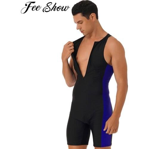 Men One-piece Swimwear Round Neck Sleeveless Front Zipper Shorts Bodysuit Triathlon Wetsuit for Beach Pool Swimming Bathing Suit