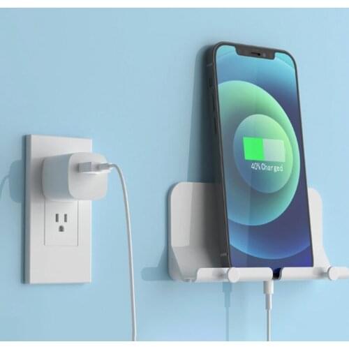 Wall Mount Phone Holder Stand with Charging Hole Self-Adhesive Key Rack Shelf
