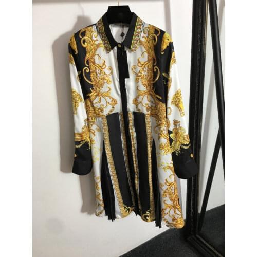 Summer 2021 Fashion womens High quality print lapel short sleeves pleated dress C163