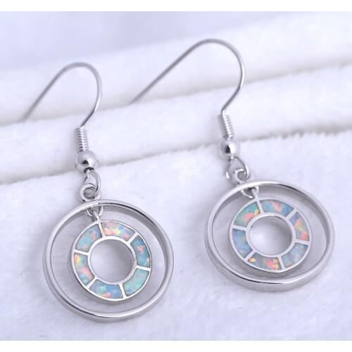 ROLILASON Double circle shape gift 925 silver stamped White fire opal Drop Earrings fashion Jewelry OE769