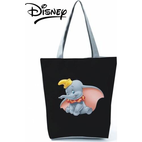 Disney Dumbo Printed Handbags Cartoon Elephant High Capacity Tote Shoulder Bag Black Shopping Bag Women Outdoor Travel Beach Bag
