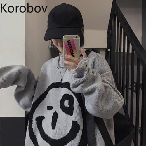 Korobov Harajuku Streetwear O Neck Long Sleeve Knit Sweaters Korean Cartoon Embroidery Pullovers Letter Pattern Sueter Mujer