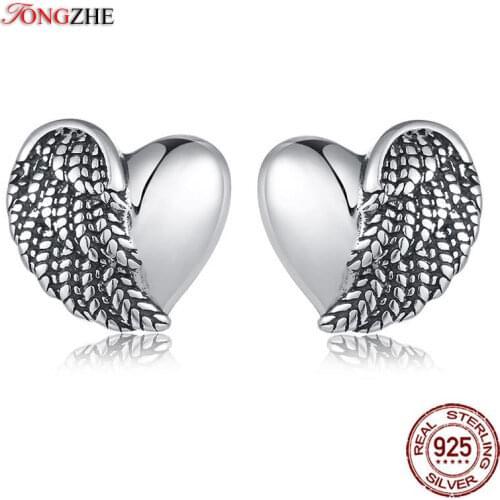 TONGZHE Vintage Jewelry Heart Angel Wings Earrings Stud Sets Love 925 Sterling Silver Stud Earrings For Men Women Gift KLTE059-1